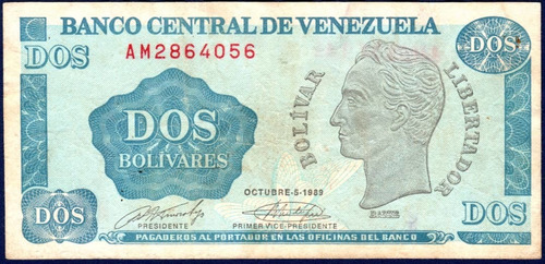 Billete 2 Bolívares Am7 Oct 05 1989 Simón Bolívar Tinoquito