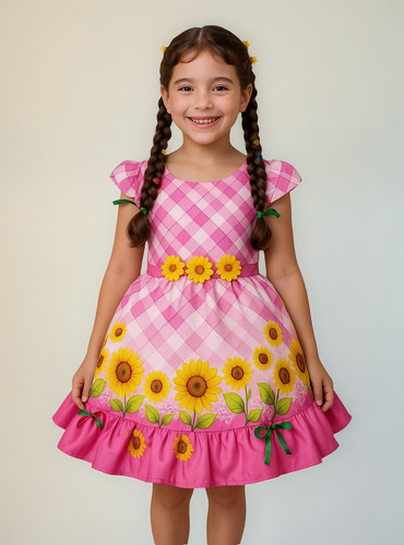 Vestido Juventil Xadrez Fogueirinha Com Laços São João Junin