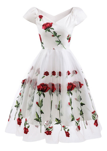 Vestido Vintage Rosa Bordado Femenino Temperamento Escote