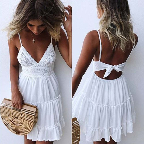 Mini Vestido Blanco Sin Espalda De Verano Para Mujer 7183 