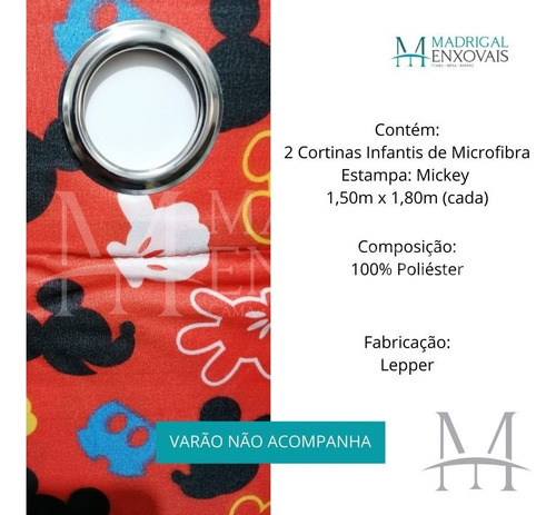 Cortina Infantil Mickey Lepper Ilhós Microfibra 3,00x1,80m