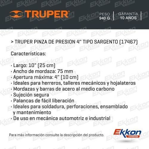 Imagen 2 de 8 de Pinza De Presión Truper 4 PLG Tipo Sargento Largo 250mm