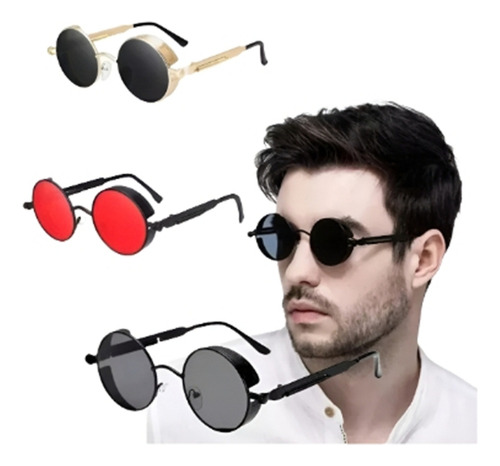 3pc Gafas Steampunk Gafas De Sol Redondas De Metal Espejo Negro Negro Negro Negro