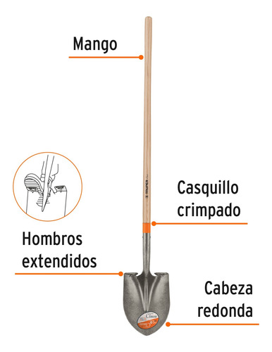 Pala Redonda Mango Largo Uso Rudo Madera Acero Construccion