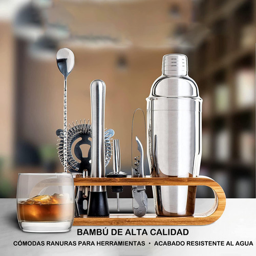 10 Piezas Coctelera Para Bar Y Cocina Con Soporte De Bambú Para Bebidas Mixtas Y Preparados Para Hogar Y Cocina, Set De Coctelería Para Bebidas Preparadas Y Cocteles De Acero Inoxidable Profesional