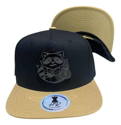 Gorra Mapache Placa Premium Negro Visera Café Plana Ajustable