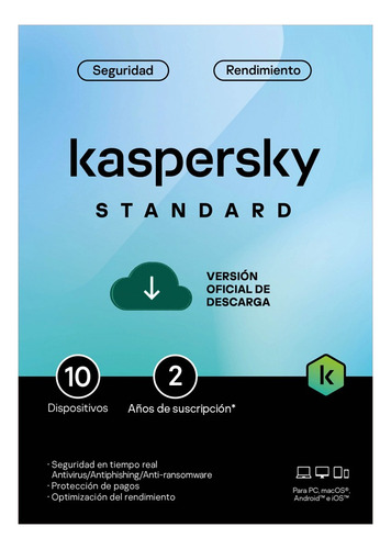 Antivirus Kaspersky Standard Para 10 Dispositivos Vig 2 Años