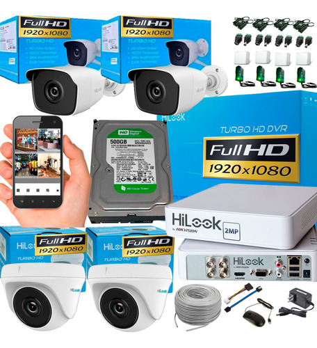 Kit Hikvision Hilook Dvr 1080 4ch + 4 Cámaras 1080p +accesor