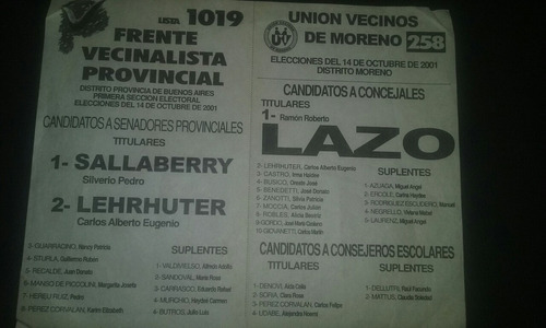 Boleta Frente Vecinalista Provincial 2001 Lista 1019 Bs. As.