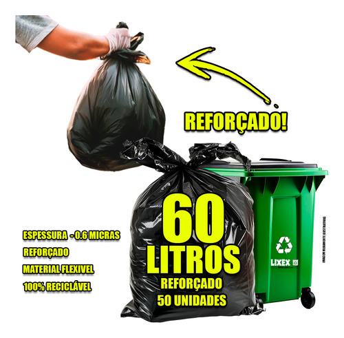 Saco De Lixo 60 Litros Reforçado Grosso 50un Preto
