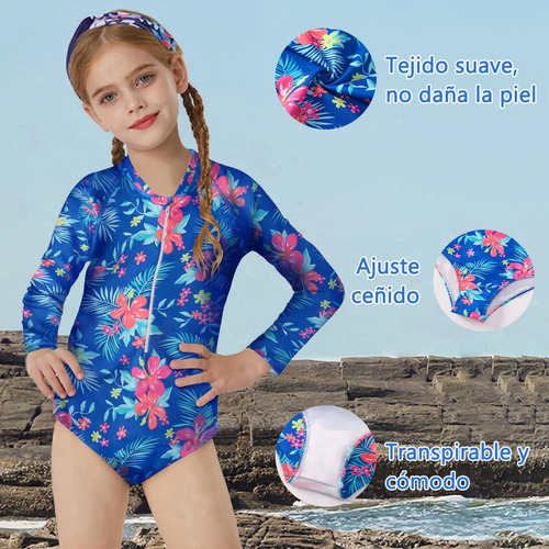Traje De Baño Niñas Manga Larga Estampado Uv Playa