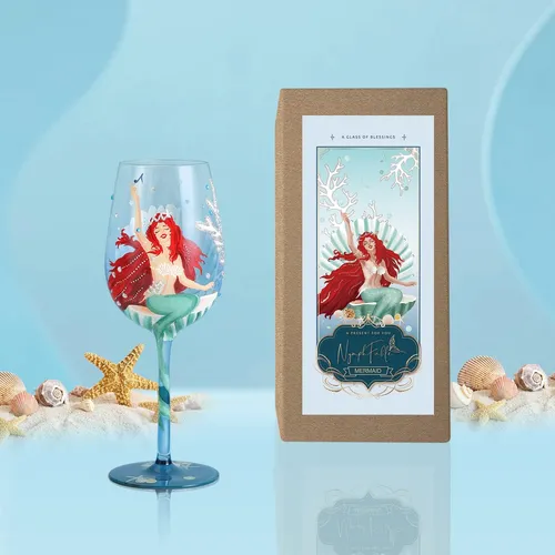 Nymphfable Copa De Vino Pintada A Mano De La Sirenita, 15 Oz