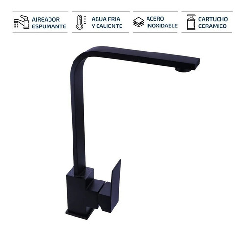Grifería Canilla Monocomando Cocina Moderna Pico Negro Mate Mesada Giro 360 Negro Mate