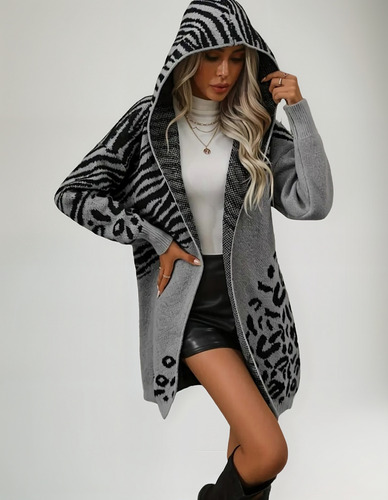 Saco Leopardo Con Capucha De Lana Amplio Mujer