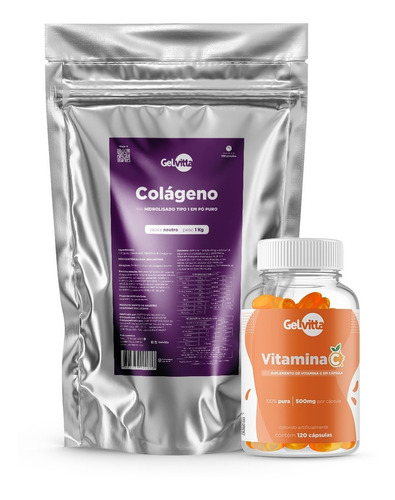 Colágeno Hidrolisado Em Pó Puro Tipo 1 + Vitamina C 120 Caps