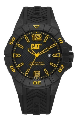 Reloj de pulsera CAT Karbon de cuerpo color negro, analógico, para hombre, fondo negro, con correa de silicona color negro, agujas color amarillo y negro, dial amarillo y negro, minutero/segundero amarillo, bisel color negro y hebilla simple