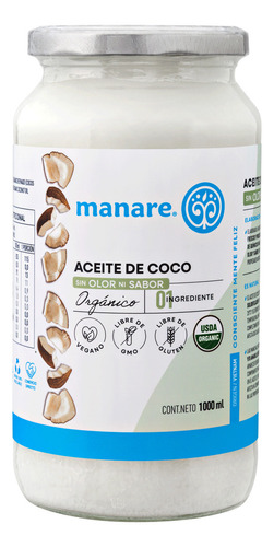 Aceite De Coco Orgánico Sin Olor Ni Sabor Manare 1 Lt