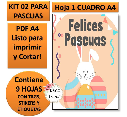 Imagen 2 de 6 de Kit Imprimible Pascuas 002 Tags, Etiquetas, Stikers Y Cuadro