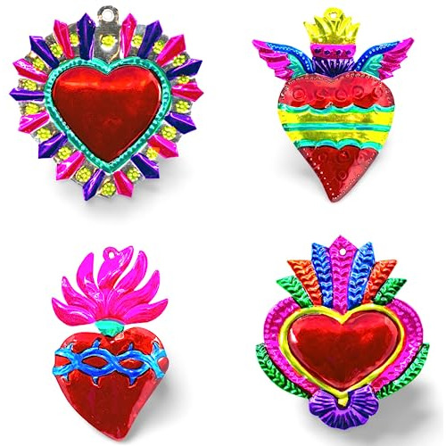 Corazones Mexicanos Milagros Charms Estaño Pintado Cor...