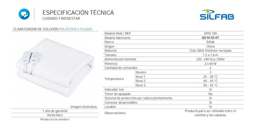 Manta Electrica Poliester Calienta Camas Silfab 2 Plazas