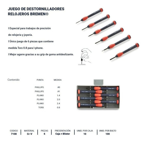 Imagen 3 de 7 de Juego Kit 6p Destornilladores Bremen Perilleros iPhone 7108