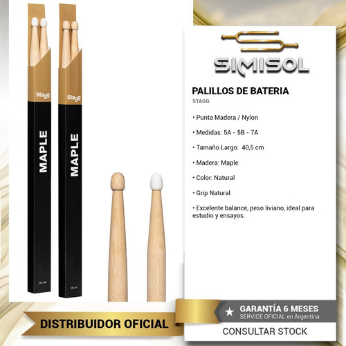Imagen 2 de 6 de Palillos Bateria 5a Punta De Madera Stagg Maple Sm5a Full