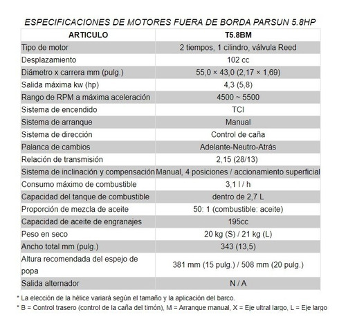 Motor Fuera De Borda Parsun 5.8 Hp 2 Tiempos Largo