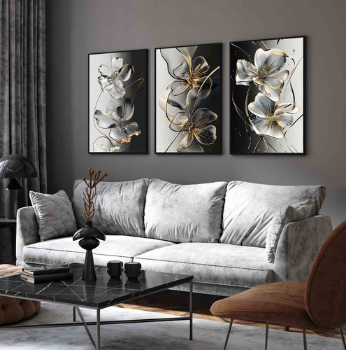 Quadros Decorativos Modernos Flores Preto E Branco Moldura