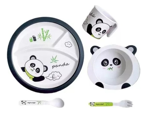 Set Vajilla Platos Oso Panda Bebe Infantil Bambú X 5 Piezas