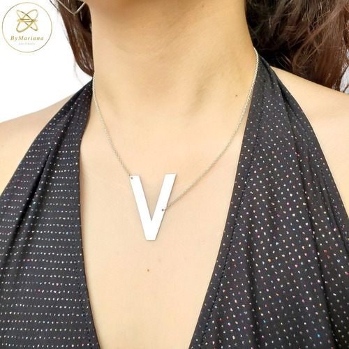Imagen 3 de 5 de Cadena Plata Rollon Con Letra Inicial V Grande 30 X 40mm
