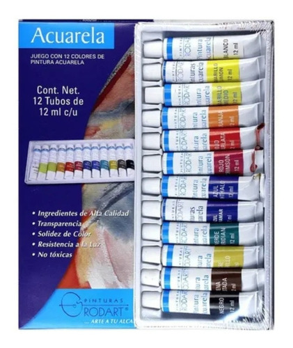 Kit Estuche Pintura Acuarela Rodart Arte 12 Colores 12 Ml