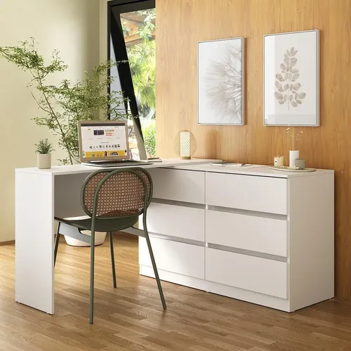 Escrivaninha Em L 120cm C/ 6 Gavetas Flex Multimóveis Mp6030 Branco