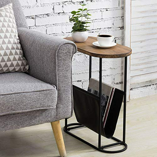 Mesa Lateral Ovalada De Madera Rústica Y Metal Negro Con Rev