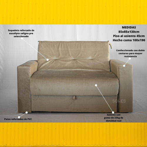 Sillon Dos Cuerpos Sofa Cama Chenille Anti Desgarro 1.30mts Beige Chenille Anti Desgarro