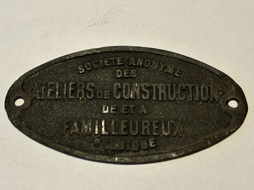 Placa Antigua De Talleres De Construcción De Bélgica. (Usado)