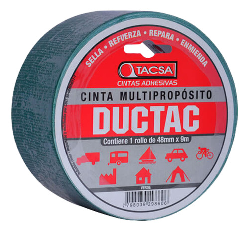 Cinta Multiproposito Tacsa Ductac Tape 48 Mm X 9 Mts Color Verde Liso