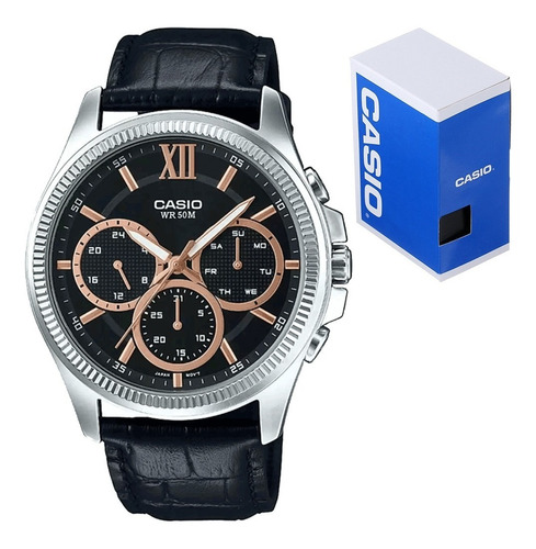 Reloj Casio Mtp E315l Piel Negro Triple Fechador Sumergible 