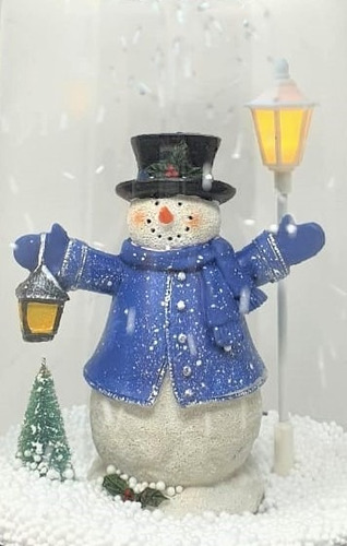 Imagen 2 de 3 de Farol Navideño Azul Muñeco De Nieve Luz Led Y Caída De Nieve