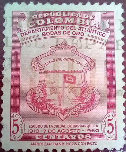 Estampilla Colombiana Bodas De Oro Del Atlántico. Rosa