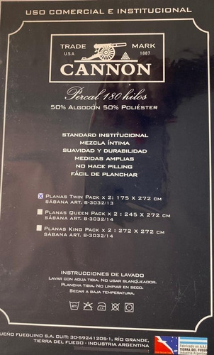 Imagen 5 de 5 de Sabana Plana Hotelera Cannon Pack X 2 Unid, 180 Hilos Twin