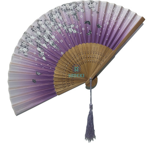 Abanico de mano japonés de bambú y tela de 21 cm con pompón de color lila Sakura