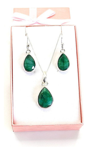 Conjunto Plata 924 Con Piedra Natural Verde Lisos