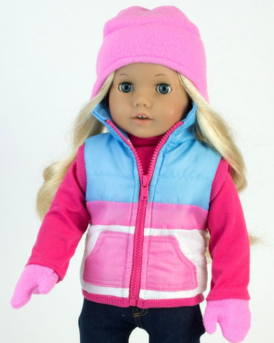 Juego De 4 Piezas De Invierno Para Muñecas De 18 , Con Chaleco De Rayas Azul, Blanco Y Rosa, Gorro Y Guantes Rosa De Forro Polar