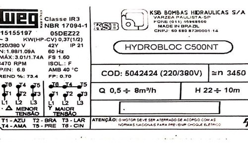 Bomba Centrífuga Ksb Hydrobloc C500n 0,5 Cv Trif. 220/380v
