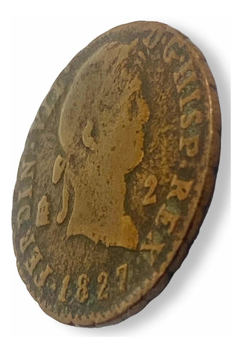 Wow Moneda Cobre 2 Maravedis España Rey Ferdinando Vii 1827 (Usado)