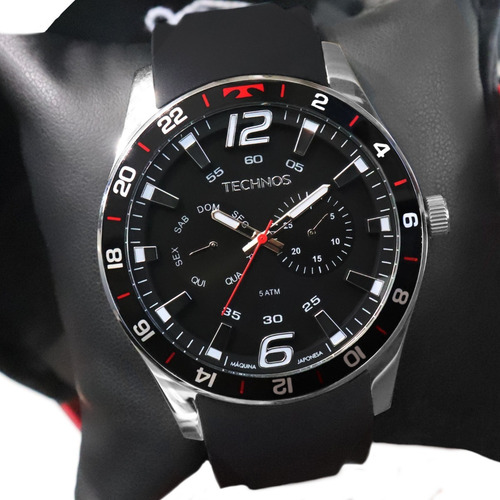 Relógio Technos Masculino Prata Vermelho Pulseira Silicone