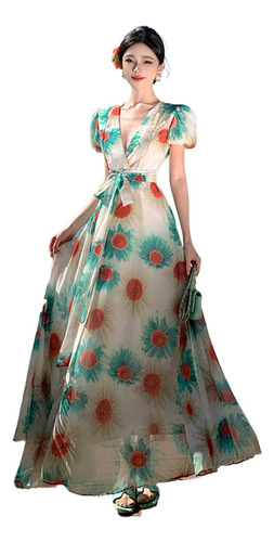 Vestido Largo De Chifón Floral Para Mujer, Ropa Bohemia De V