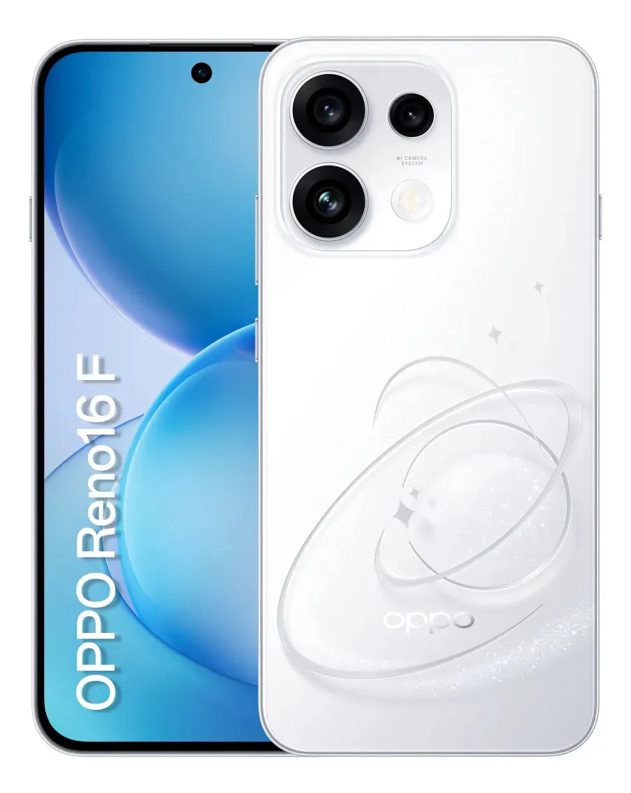Smartphone OPPO Reno 16F 5G 128GB 8GB RAM Física e 16GB RAM Virtual Bateria 7000 mAh + 80W de Carregamento Rápido 3 Câmeras de 50MP Tela de 6.57'' 120HZ OLED NFC IP69K Branco Aura