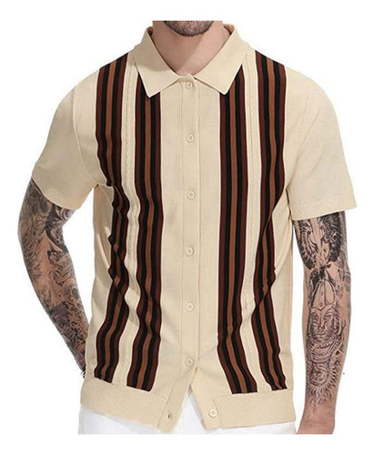 Camiseta De Polo De Punto Con Botones A Rayas Para Hombres