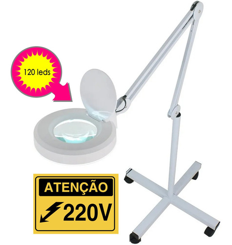 Luminaria Lupa 120 Leds 8x Limpeza Pele Depilacao Tripe Roda Cúpula Branco Estrutura Branco